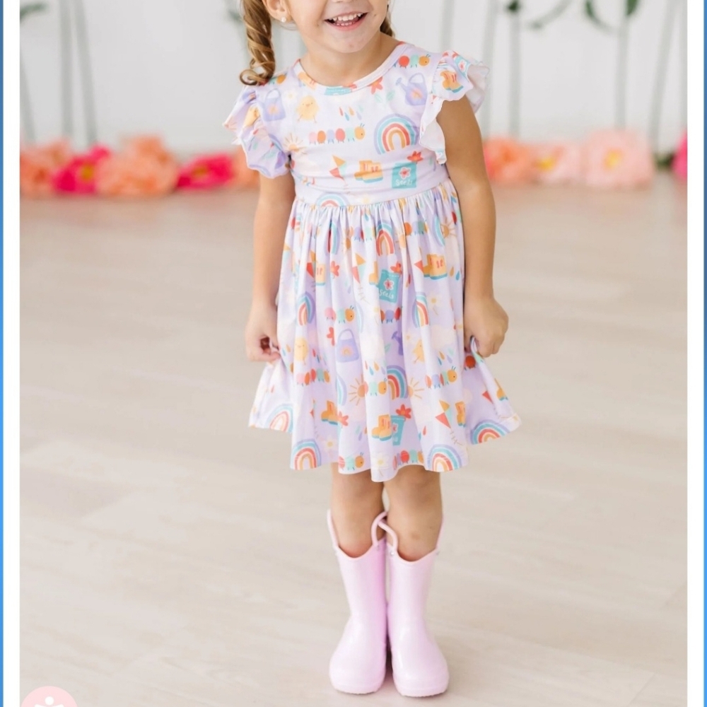 Colorful Kids Rainy Day Flutter Sleeve Twirl Dress